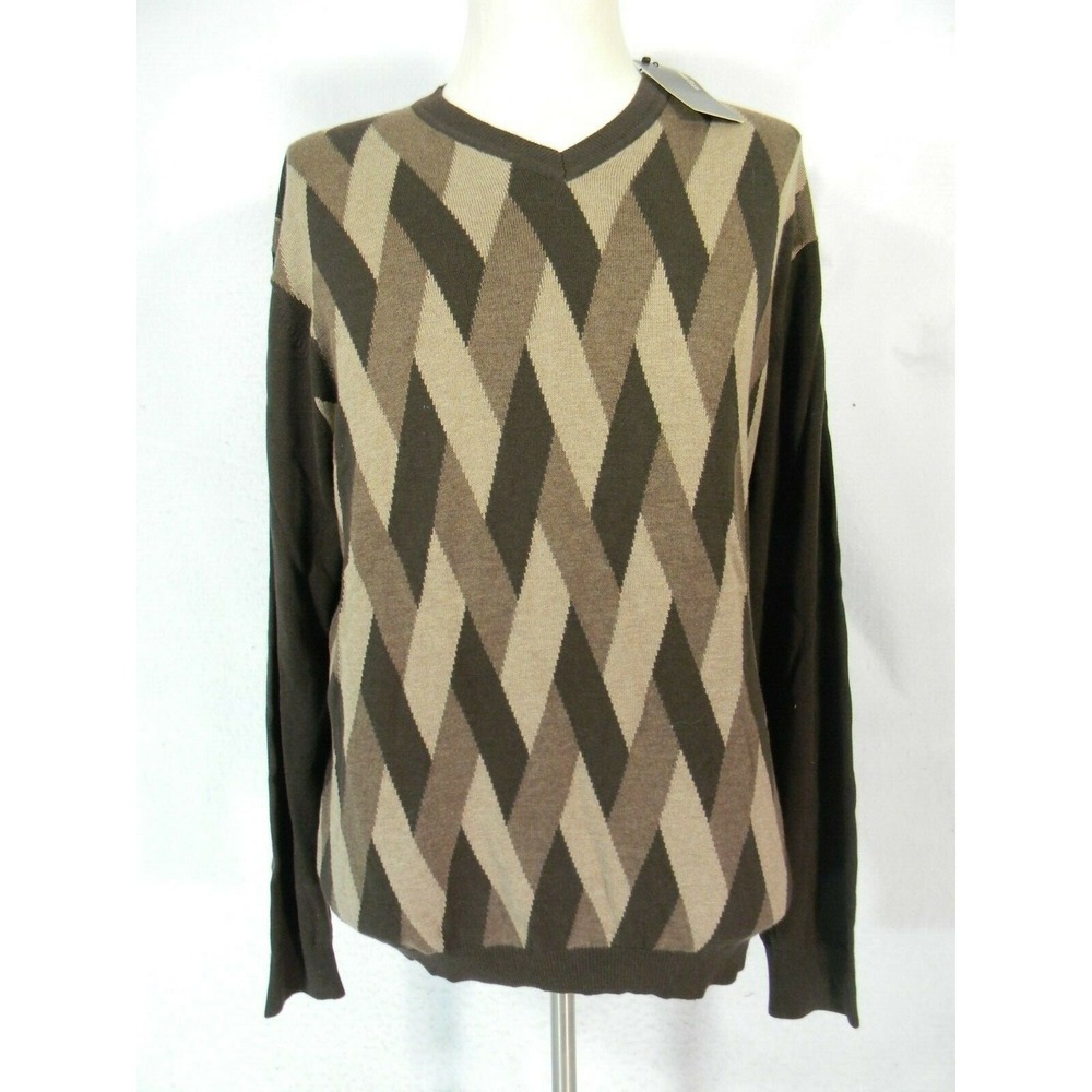 Perry Ellis Sweater Men XL Brown Argyle Pullover V-Neck Cotton Blend NWT